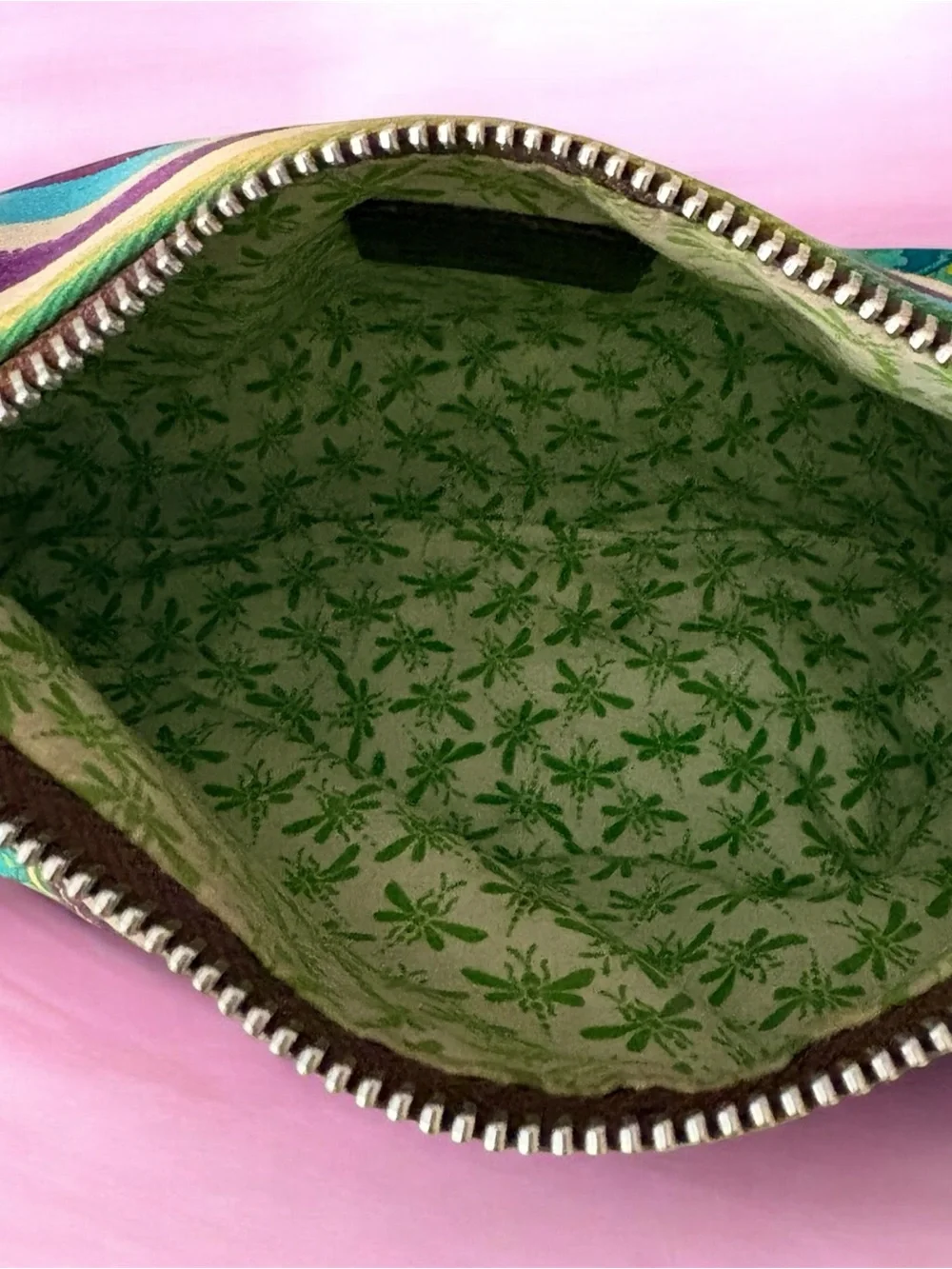 Etro Women’s Striped & Paisley cosmetic bag in Purple, Teal, Green, Yellow.